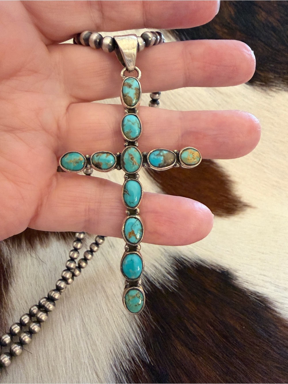 ❤️ Large Sterling Silver 11 Stone Turquoise Cross Pendant Southwestern 9mm Bail